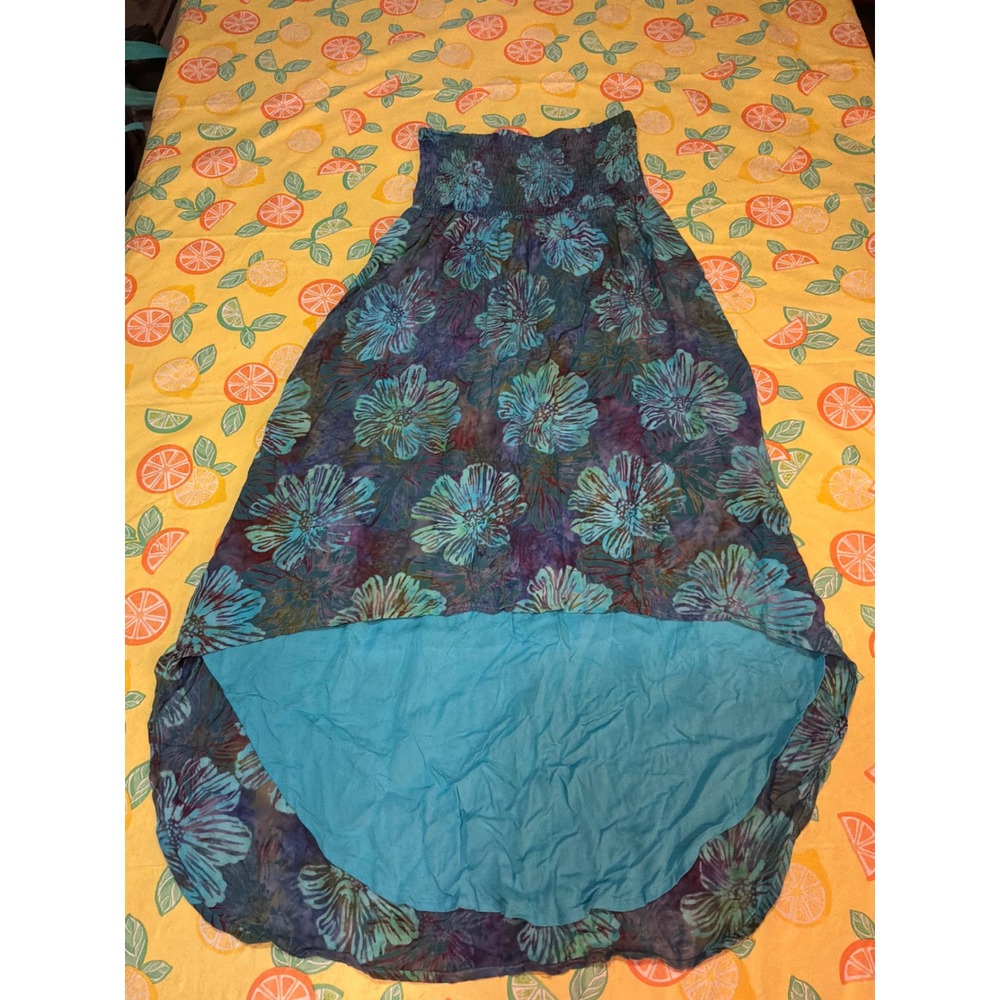 Festival boho Santiki High-Low Skirt Women Small Teal Floral Batik Smocked Waist